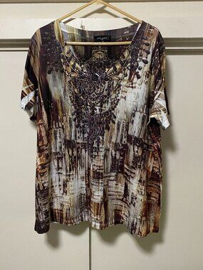 Level Eight Plus, short sleeve, brown & gold tunic w/tiny gold beads, size 3X